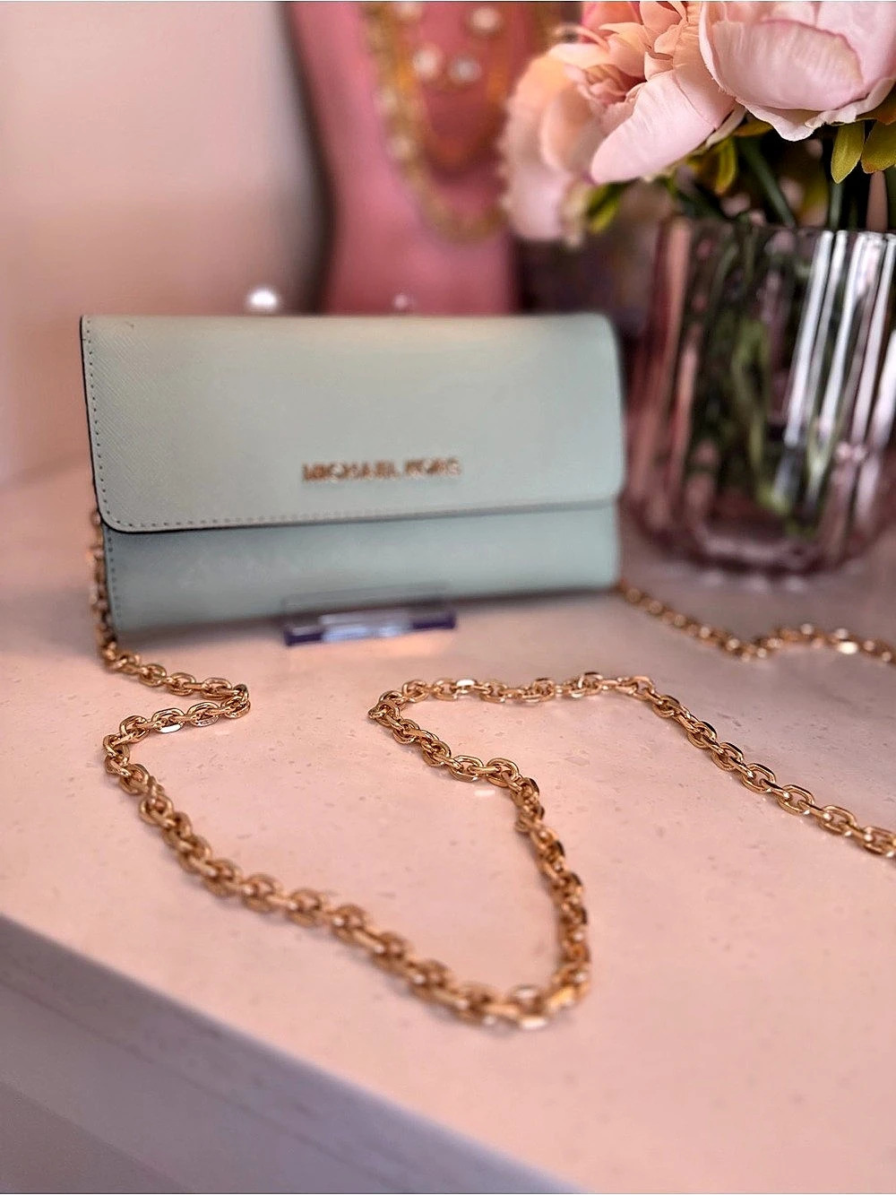 Michael Kors Jet Set Travel Saffiano Leather Chain Wallet mint blue GREAT